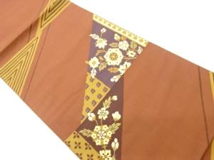 幾何学に花葉模様織出し洒落袋帯